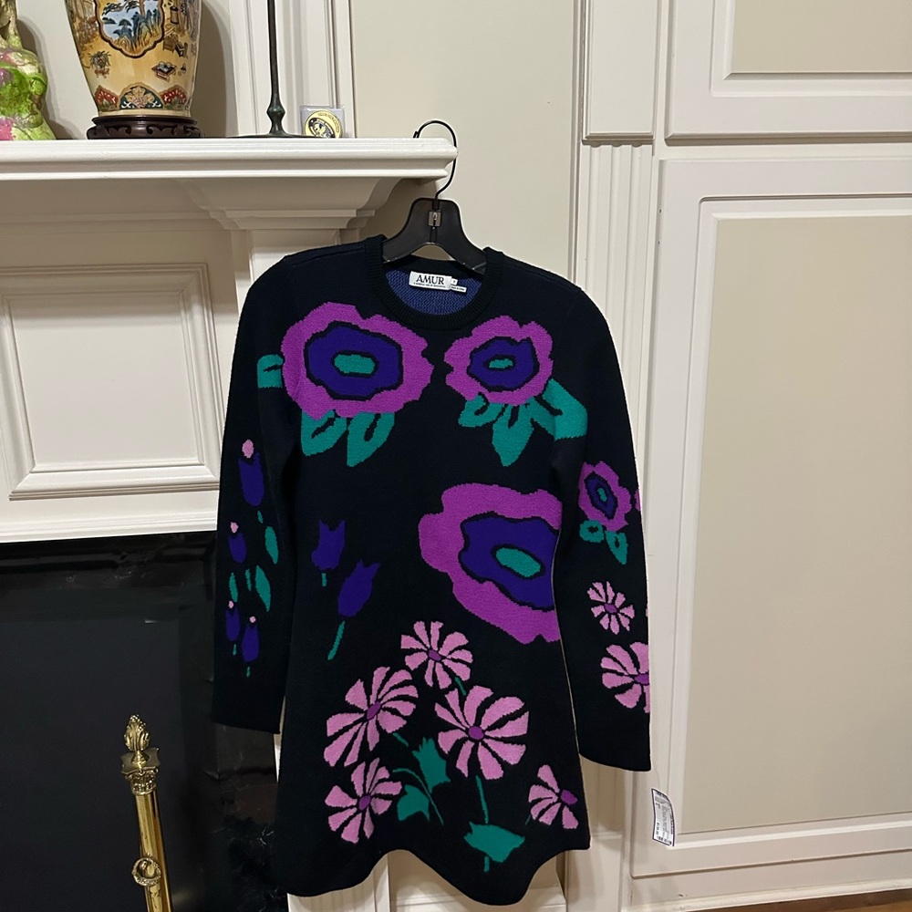 AMUR Black Mini Dress with Purple and Pink Floral Design